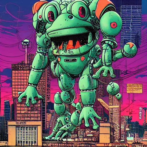 Image similar to huge frog robot devastating the city, by yoichi hatakenaka, masamune shirow, josan gonzales and dan mumford