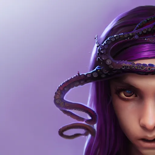 Prompt: artstation young teen with purple eyes and very thin purple tentacles on her head, furious, very detailed, portrait, high contrast, unreal engine 5