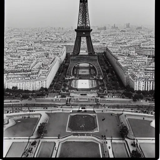 Image similar to extensive smoke rising from the top of the eiffel tower, aerial view, several police cars and crowds running across the ground, polaroid, 6 0's, hyperrealism, no blur, 4 k resolution, ultra detailed