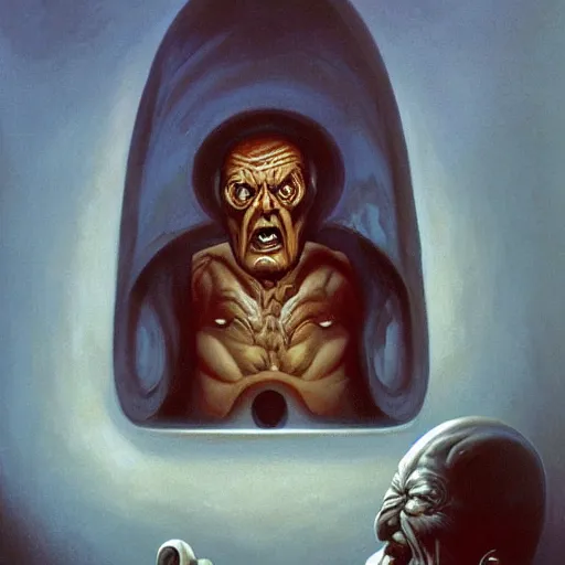 Prompt: closeup face, big eyes, angry old man in chair inside a dark house, surrealism, painting by boris vallejo and michael whelan