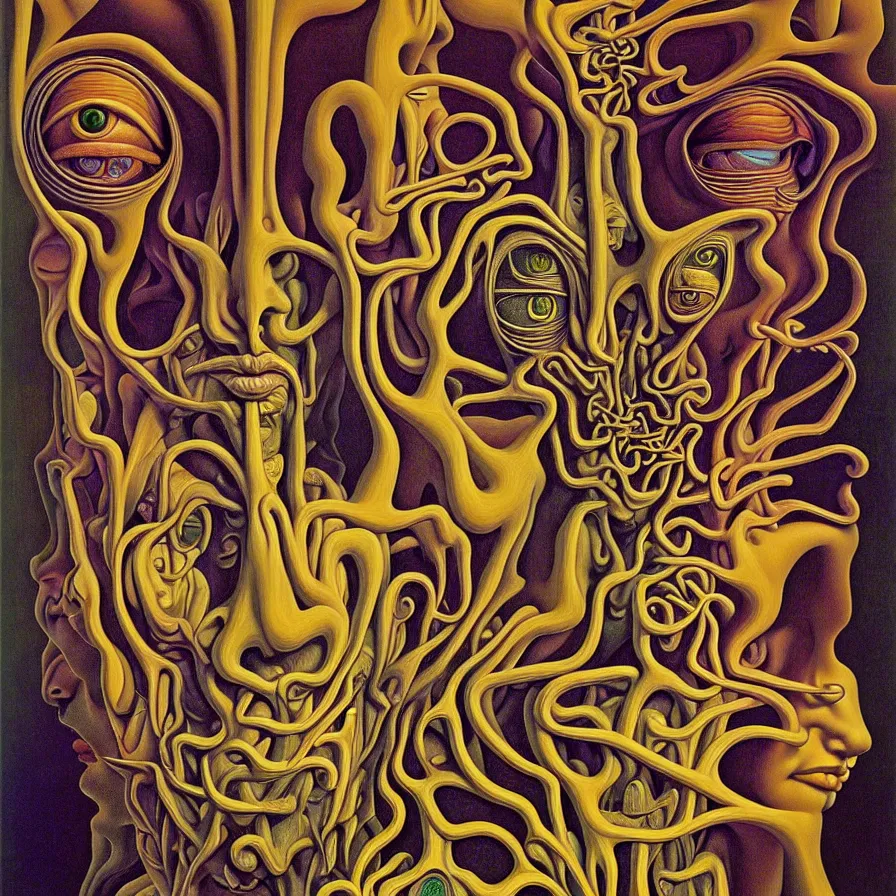 Image similar to infinite fractals forming a human face, recursion, surreal, by salvador dali and mc escher and max ernst and alex grey, oil on canvas, weird, dreams, fantasy, intricate details, soft lighting, warm colors