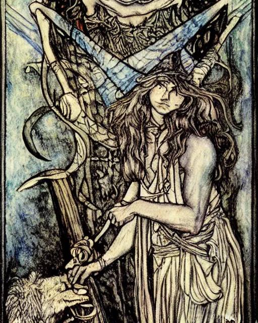 Image similar to tarot card detailed painting, illustration, tarot card framing with roman numbers, in style of Arthur Rackham