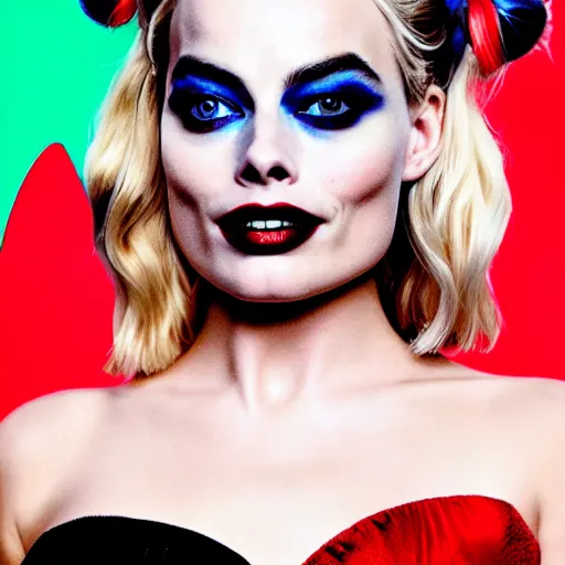 Image similar to a beautiful medium - shot of margot robbie as harley quinn looking for into the distance, beautiful backlight, focus on her face, bokeh, by terry richardson