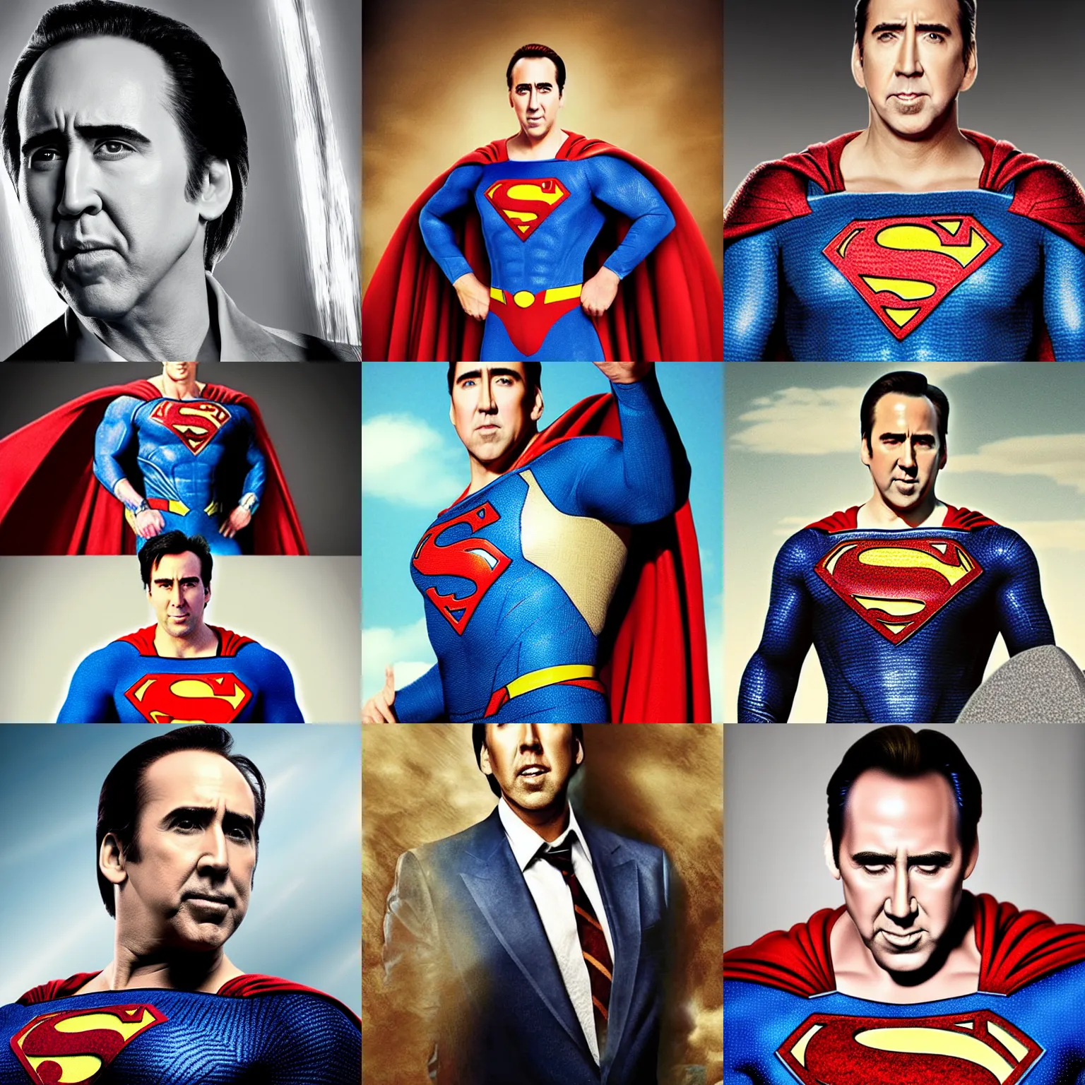 Prompt: Nicholas Cage is superman, portrait, photograph for movie marketing
