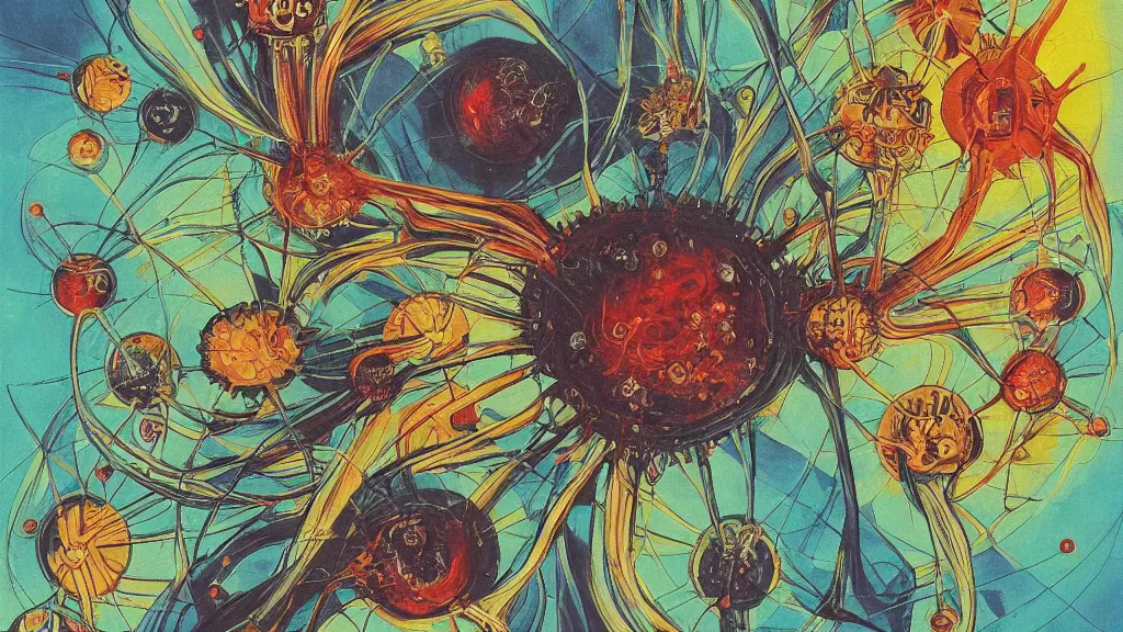 Image similar to a beauty is a virus television dreamy painting of coronavirus, dark, sinister, detailed scientific epistemology contagion math diagram, R-number, retro science-fiction book cover