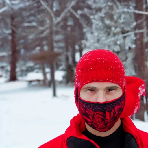 Prompt: thug shaker in red ski mask looking at camera