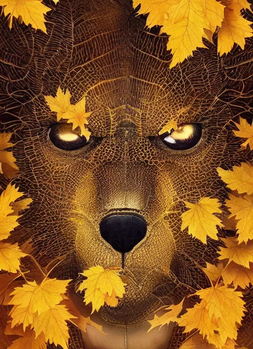 Image similar to golden leaves at frame border, creative!!! composition for a book cover, absurdly beautiful, ultrafine hyperrealistic detailed animal face by wlop and artgerm and greg rutkowski, intricate linework, sharp focus, smooth, octopath traveler, final fantasy, unreal engine, dramatic lighting, ethereal, 8 k