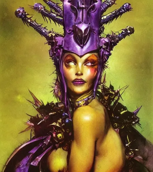 Image similar to evil princess of the wasteland, scrap metal headdress, strong line, vivid neon color, yellow purple, beautiful! coherent! by brian froud, by frank frazetta, low angle