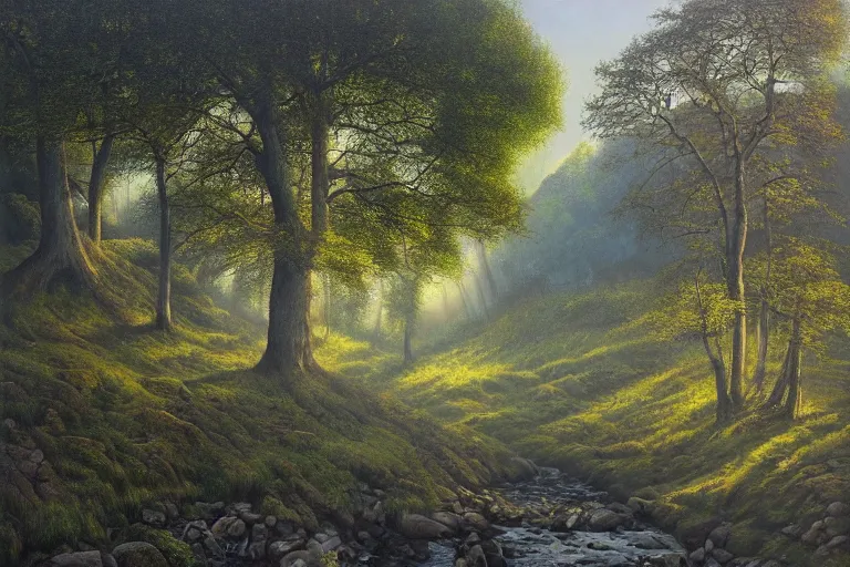 Image similar to masterpiece painting of oak trees on a hillside overlooking a creek, dramatic lighting, by tomasz alen kopera