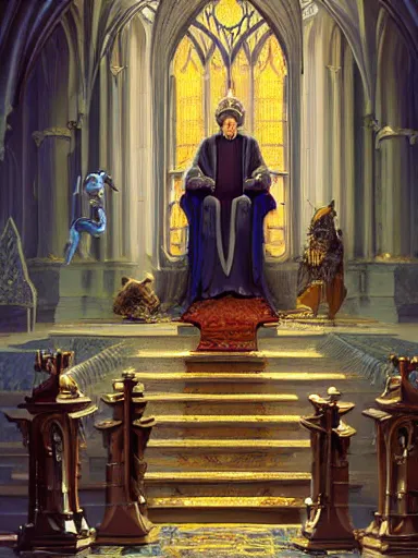 Prompt: the hierophant siting in his throne, talking to his cathedral congregation. intricate, elegant, highly detailed, digital painting, artstation, concept art, sharp focus, illustration, by justin gerard and artgerm, 8 k