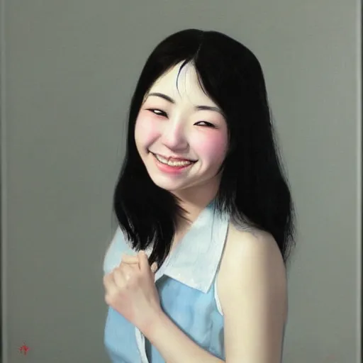 Image similar to mikan tsumiki, a 2 1 - year - old japanese woman, smiles with tears in her eyes, realistic oil painting by yasutomo oka, soft features, bittersweet