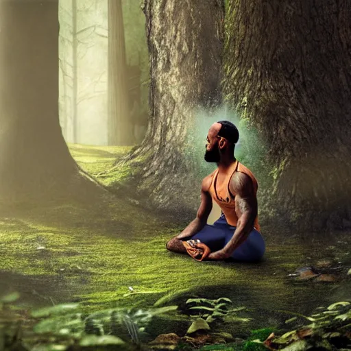 Image similar to lebron james doing yoga in the forest, high detail shot, smoking, render, cgsociety, photorealism