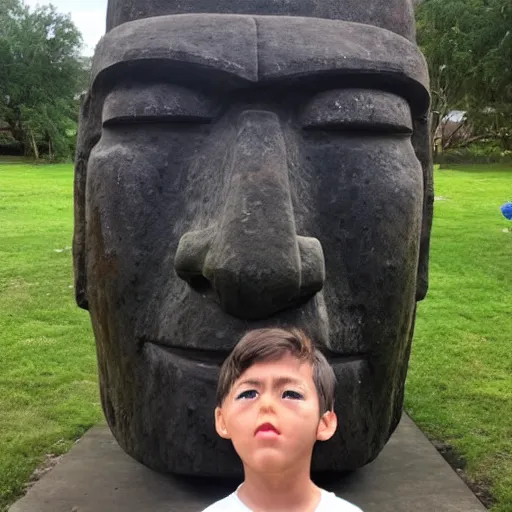 Prompt: a kid looking very dissapointed that his birthday present was a very large moai statue | iphone photograph