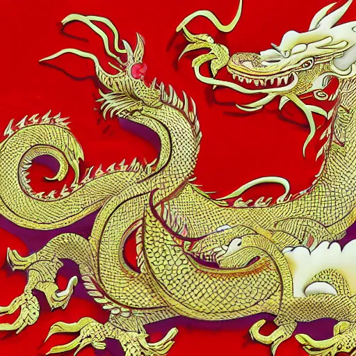 Image similar to oriental white and gold eastern dragon in a traditional chinese art style, red background, detailed