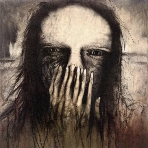 Prompt: acrylic on canvas by sally mann, by robert kirkman dismal, emotive. a beautiful painting of a giant head. the head is bald & has a big nose. the eyes are wide open & have a crazy look. the mouth is open & has sharp teeth. the neck is long & thin.