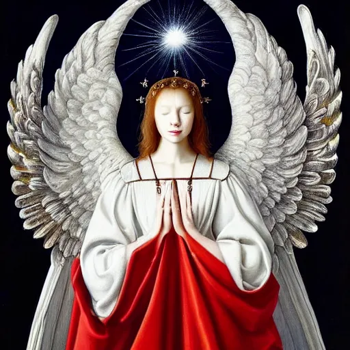 Image similar to highdetailed hyperrealistic painting of white angel!!! no gender smiling noface!!!, light instead of hands, white sparkles everywhere, 4 k hd face!!!, big silver high detailed wings!!!, renaissance, by jan van eyck, holography space, glow effect, large strokes, monochrome!!!!!