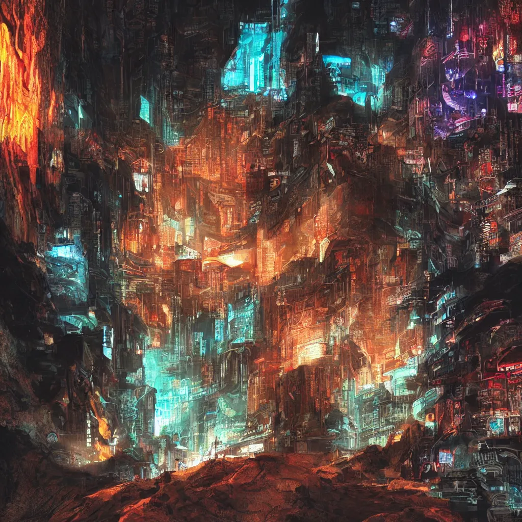 Image similar to a cave painting of a cyberpunk cave