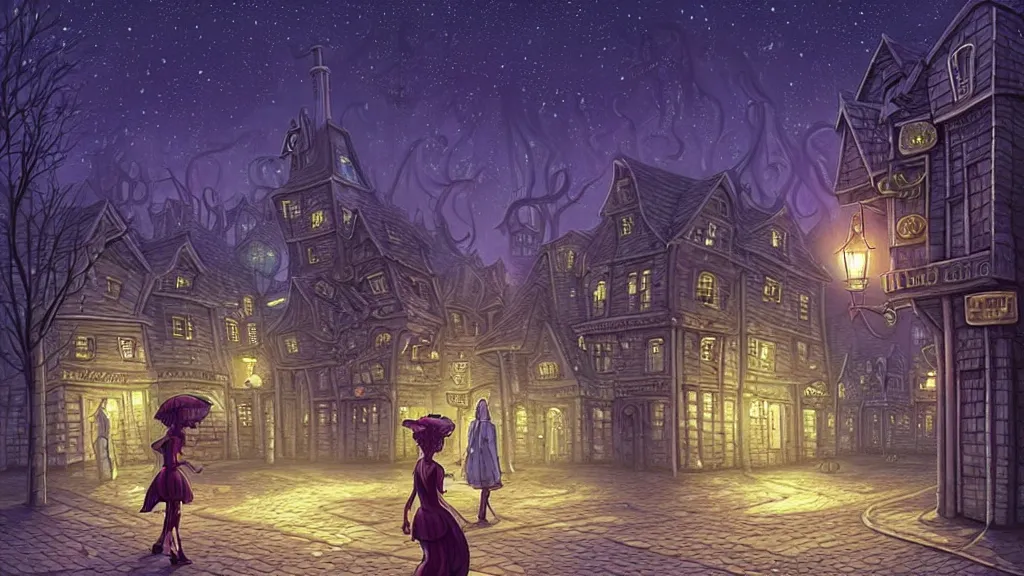 Prompt: lady dressed in short skirt walks in empty lovecraftian town square surrounded by houses and inns.. cthulhu statue.. lovecraftian city at night by cyril rolando and naomi okubo and dan mumford and ricardo bofill.. lovecraft.. cobbled streets.. oil lamp posts.. lovecraftian.. starry night swirly sky.