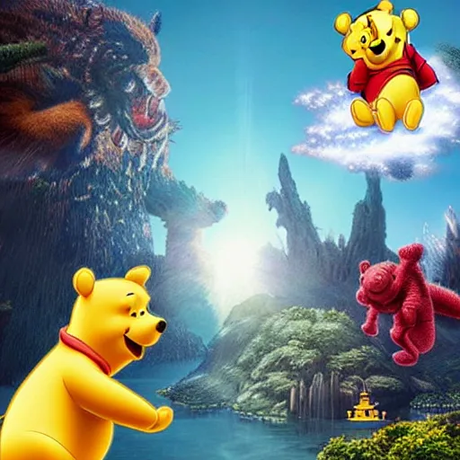 Image similar to winnie the pooh as godzilla versus xi jinping, cinematic composition, epic dramatic lighting, realistic, hyperdetailed, photorealistic, photograph, epic scale