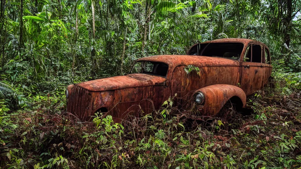 Image similar to A rusted car in a jungle