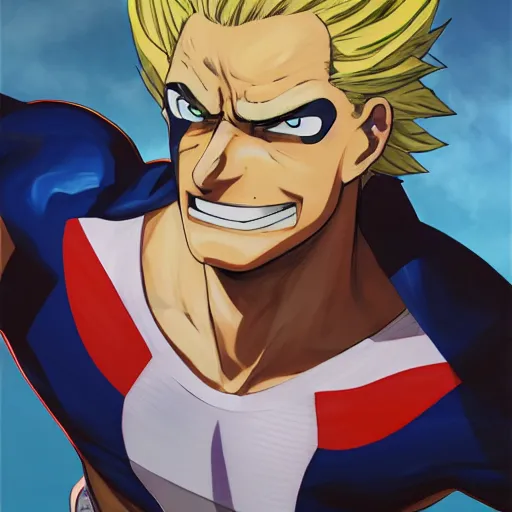 Prompt: all might from my hero academia, futuristic, gta 5 cover art, oil painting, comic book black lines, alot of paint smears, blonde sharp hair, hero outfit, fine details, sharp focus, intricate, realistic shaded perfect face, third dimensional, by cushart krenz, by makoto shinkai, by wlop, by artgerm