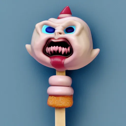 Prompt: ice cream popsicle shaped like screaming chucky doll, octane render