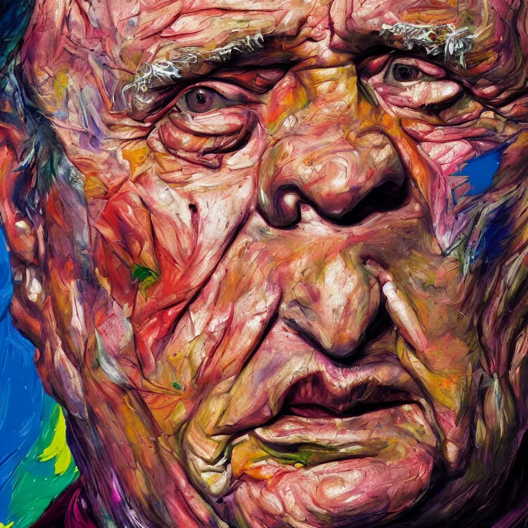 Prompt: colorful close up studio portrait of aging old Marlon Brando age 115 wrinkled sad, impasto oil painting thick brushstrokes by Lucian Freud and Cy Twombly and Tim Hawkinson , trending on artstation dramatic lighting Expressionism
