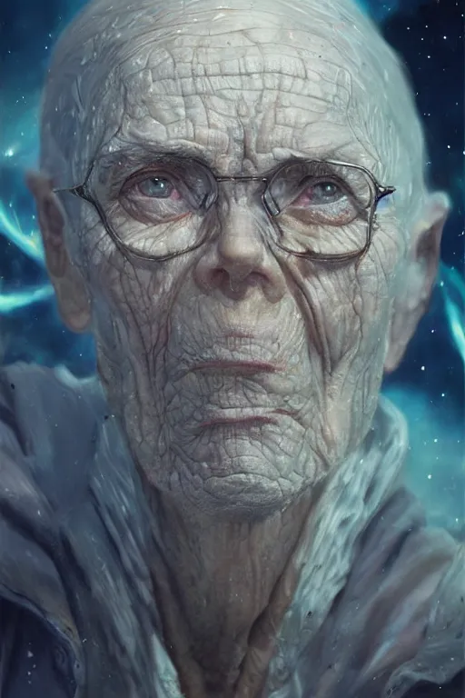 Image similar to the look of an elderly person 4 1 6 0 full of wrinkles and imperfections by artgem and greg rutkowski, highly detailed, high contrast, light reflection, trippy, nebula, trending on artstation