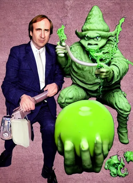 Image similar to saul goodman and a slime from dragon quest in a hogwarts bastions, goodman, slime, real life photo