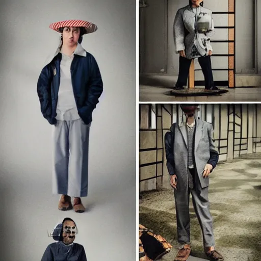 Prompt: outlive smart casual collection lookbook grid, in the style of grand chamaco and stanley kubrick, inspired by rpg fantasy characters, photorealistic, epic, super technical, cinematic still