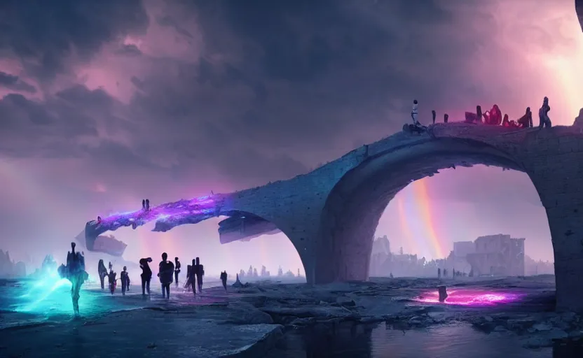 Image similar to incredible, mindblowing, refugees crossing a ruined bridge made of rainbow hardlight, floating city in the sky, matte painting, artstation, cgsociety, dramatic lighting, concept art, octane render, arnold 3 d render