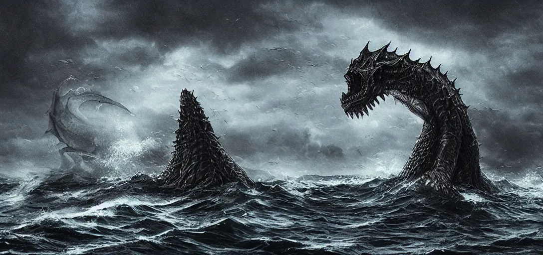 Prompt: Giant Sea Monster in treacherous waters, gothic art, color, eerie, horror, scary, ominous, 8k, highly detailed