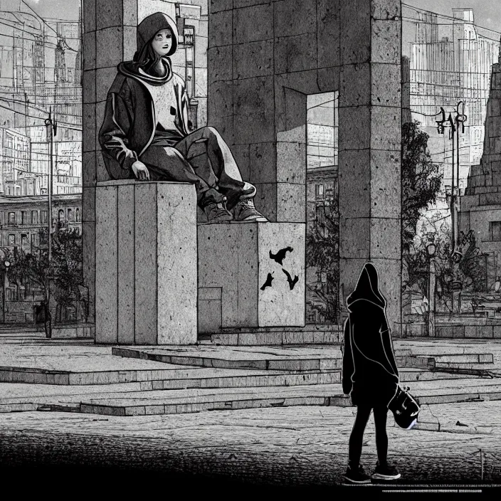 Image similar to storyboard : sadie sink in hoodie sits on long bench in ruined square, pedestrians walk by, soviet monument and propaganda posters. scifi cyberpunk. by gabriel hardman. cinematic atmosphere, detailed and intricate, perfect anatomy