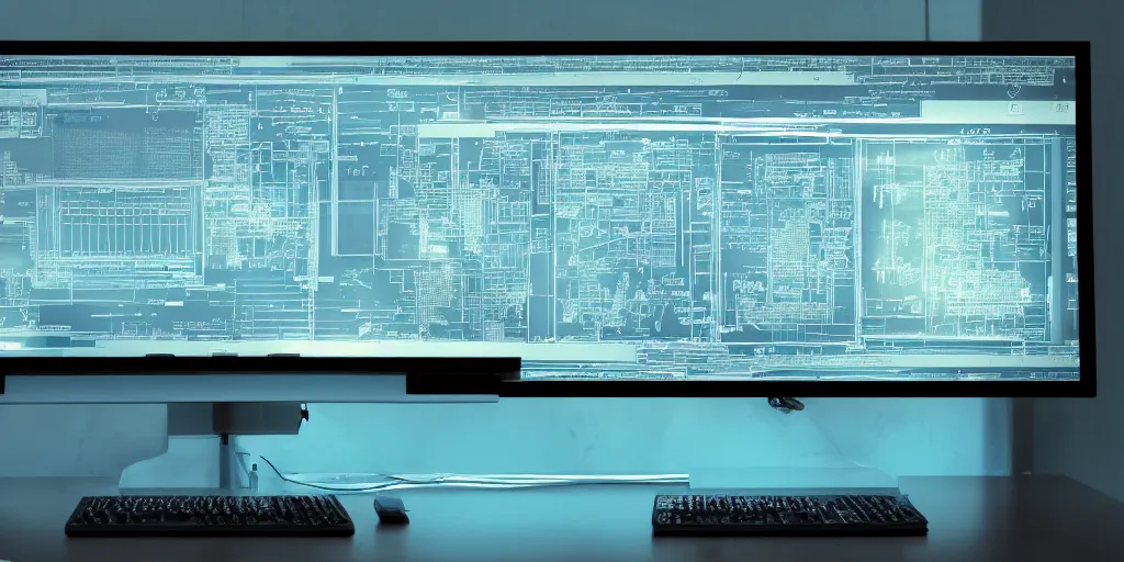 Prompt: cinematic macro photograph of a futuristic desktop monitor in an urban office setting with graphs shown as blueprints and schematic drawings on the screen, ultra realistic, by cedric peyravernay, by kilian eng, intracate detail, digital painting, minimal art style, mirrors edge art style, cinematic lighting, artstation, cgsociety, octane render, 3 5 mm film grain