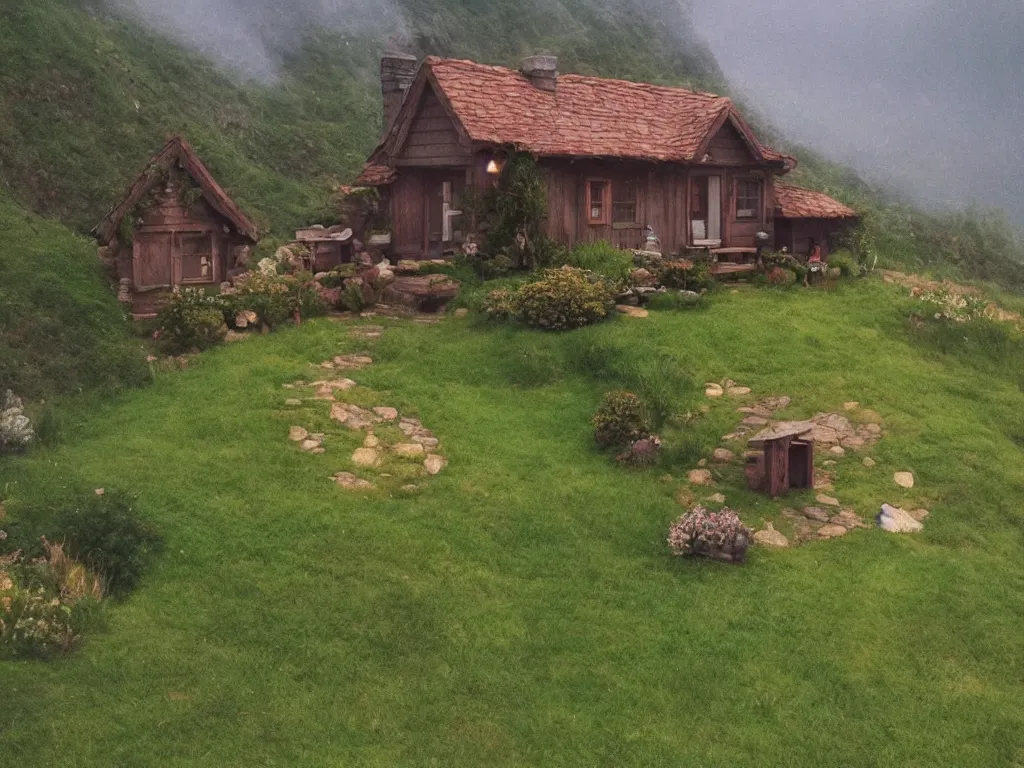 Image similar to cozy cottage on a hill in the style of Miyazaki