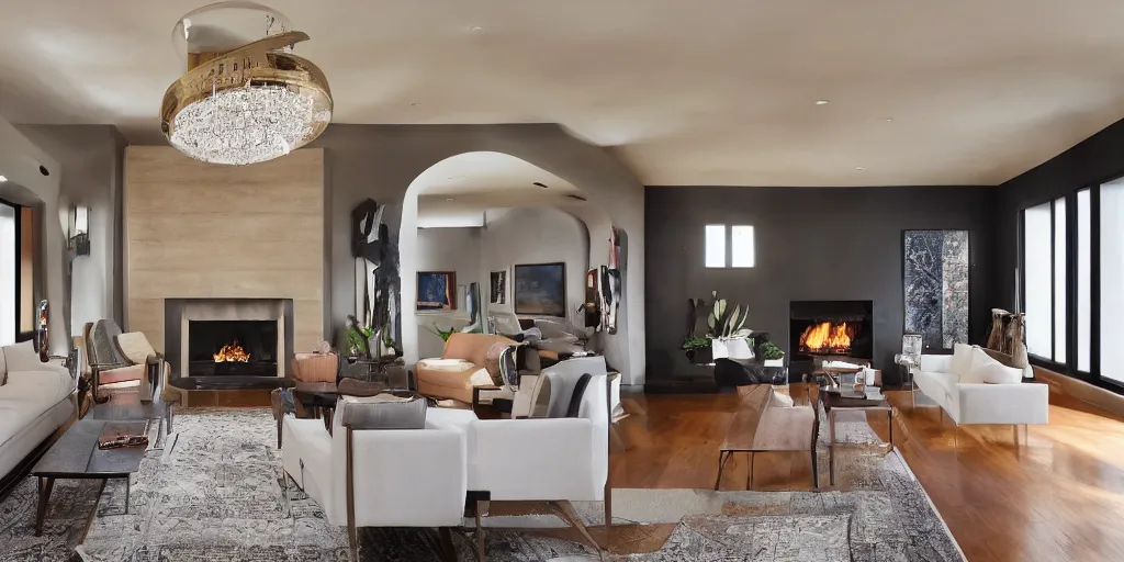 Prompt: a modern living room with dark wood floors and muted colored walls, adjacent hallways, and a wall sized 6 0's hollywood fireplace, low hanging art deco chandeliers.