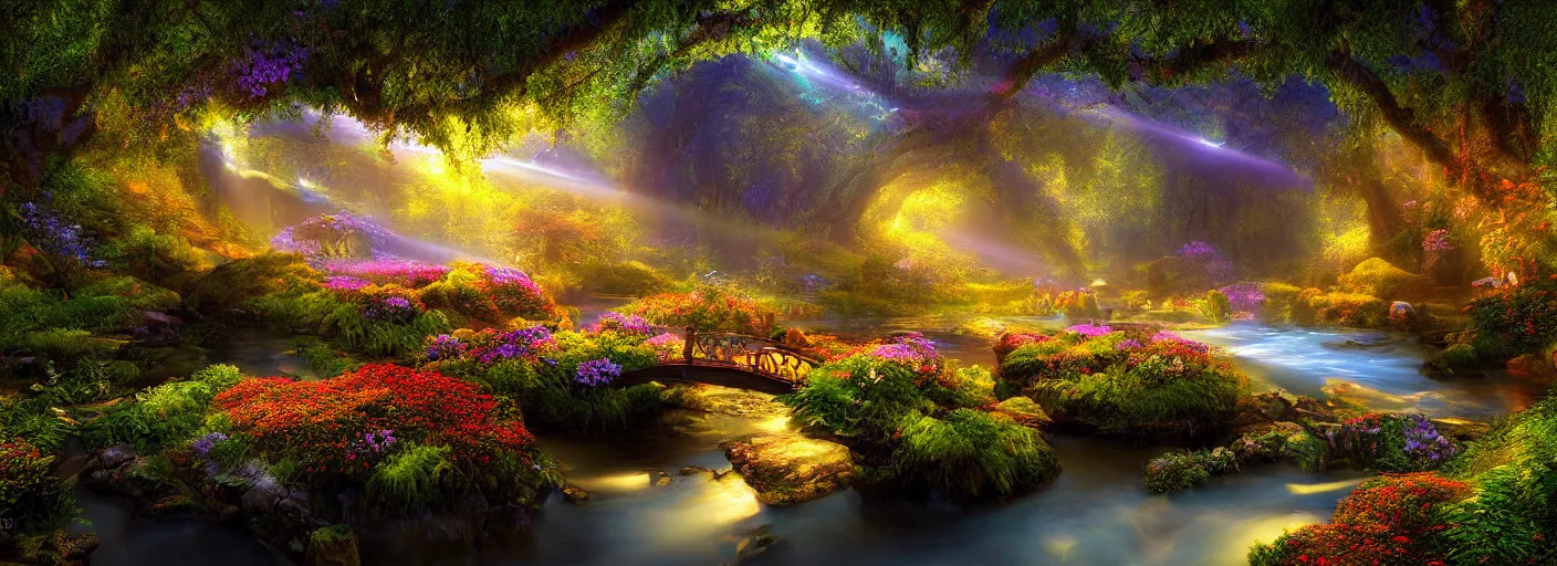 Prompt: photograph of enchanted garden, blue river in the middle, glowing bridge, with rays of light, flowers with intricate detail, by marc adamus, highly detailed, intricate detail, cinematic lighting