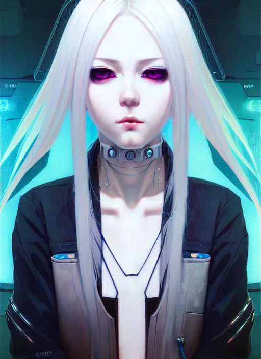 Image similar to portrait Anime girl cyberpunk, cute-fine-face, white-hair pretty face, realistic shaded Perfect face, fine details. Anime, cyberpunk. realistic shaded lighting by Ilya Kuvshinov and Gustav Klimt