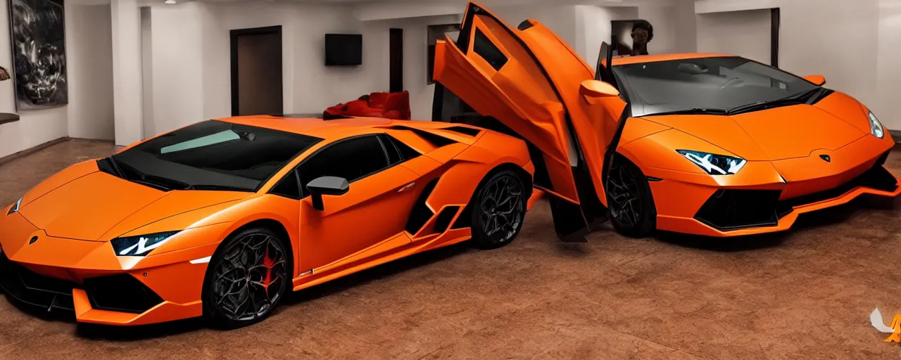 Prompt: lamborghini aventator in dark orange metallic, bright spotlight, hyperdetailed, 8k