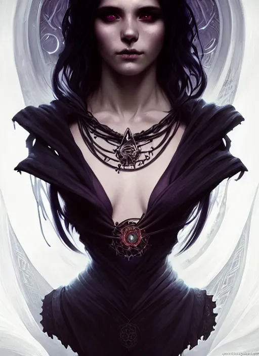 Image similar to Necromancer Sorceress, fantasy magic, undercut hairstyle, dark light night, intricate, elegant, sharp focus, illustration, highly detailed, digital painting, concept art, matte, art by WLOP and Artgerm and Greg Rutkowski and Alphonse Mucha, masterpiece