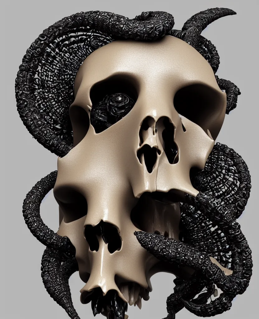 Image similar to goddess princess face close-up portrait ram skull. sculpture made of black and dichroic. jellyfish phoenix head, nautilus, orchid, skull, betta fish, bioluminiscent creatures, intricate artwork by Tooth Wu and wlop and beeple. octane render, trending on artstation, greg rutkowski very coherent symmetrical artwork. cinematic, hyper realism, high detail, octane render, 8k