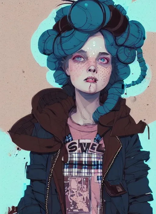 Image similar to highly detailed portrait of a sewer punk lady student, blue eyes, tartan hoody, ringlet hair by atey ghailan, by greg rutkowski, by greg tocchini, by james gilleard, by joe fenton, by kaethe butcher, gradient pink, brown, light blue and white color scheme, grunge aesthetic!!! ( ( graffiti tag wall background ) )