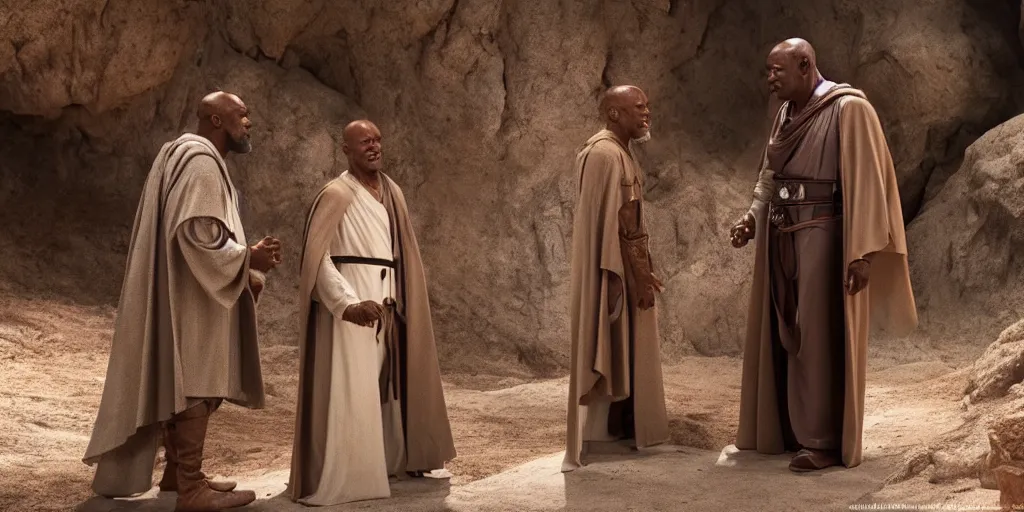 Image similar to obi - wan kenobi disney plus show, played by ewan mcgregor finds and discovers old mace windu is alive in a cave played by samuel l jackson, greet eachother, side by side, old friends, ultra realistic, 4 k, movie still, uhd, sharp, detailed, cinematic, render, modern