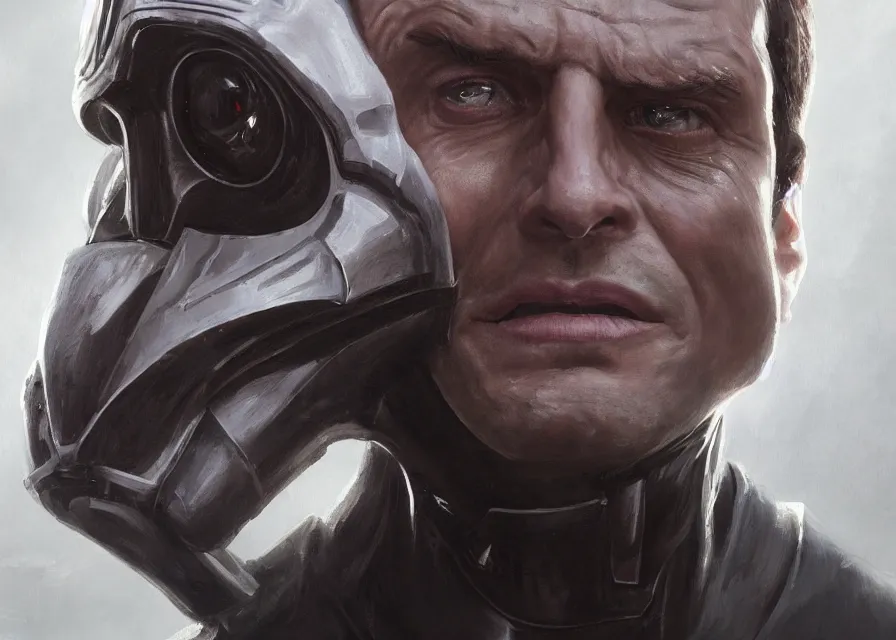 Prompt: painting portrait of Emmanuel Macron dressed as Darth Malgus in Star Wars, sharp focus, waist up, trending on ArtStation, masterpiece, by Greg Rutkowski, by Ross Tran, by Fenghua Zhong, octane, clear eyes, soft render, clear facial features, oil on canvas, moody lighting, cinematic, professional environment concept art