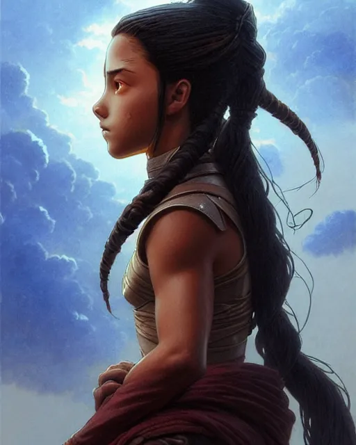 Image similar to katara from avatar the last airbender, character portrait, portrait, close up, concept art, intricate details, highly detailed by greg rutkowski, michael whelan and gustave dore