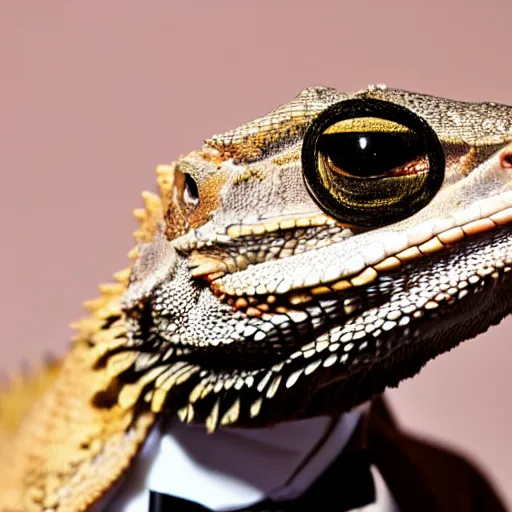 Image similar to dslr portrait still of a bearded dragon wearing a top hat and bow tie, 8 k 8 5 mm f 1. 4