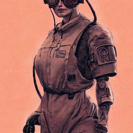 Image similar to tattooed dirty stoic butch heroic emotionless blonde woman engineer in tattered dirty coveralls, very short messy hair, victorian goggles, back pose, crossing primitive hostile alien desert, clouds of red dust, highly detailed, digital painting, artstation, concept art, matte, sharp focus, illustration, art by moebius and artgerm and greg rutkowski