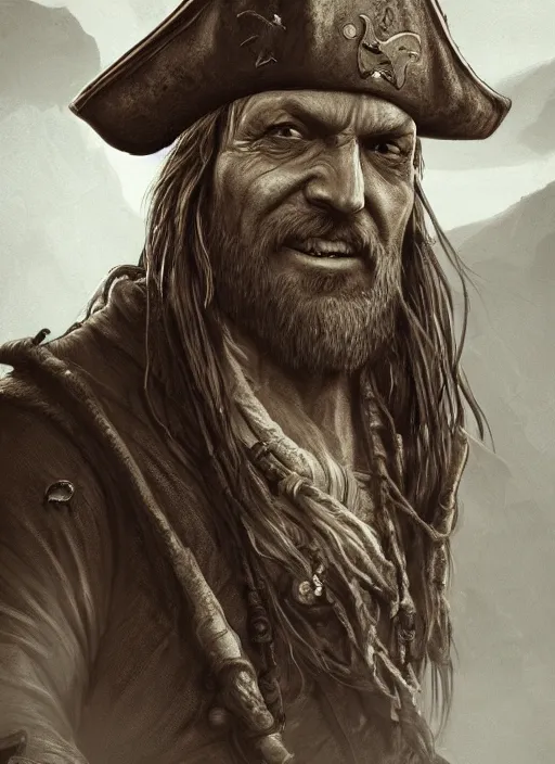 Image similar to portrait, old pirate captain, Dynamic lighting, cinematic, establishing shot, extremely high detail, foto realistic, cinematic lighting, pen and ink, intricate line drawings, post processed, concept art, artstation, matte painting, style by Raphael Lacoste, Eddie Mendoza