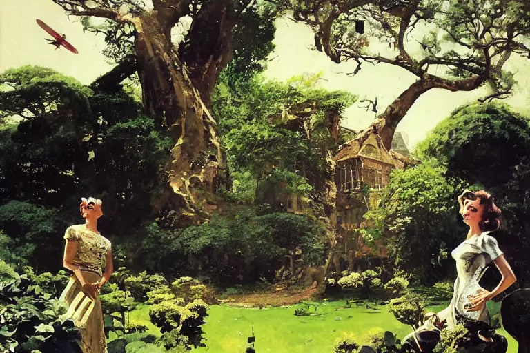 Prompt: 5 0 s pulp illustration of elegant black woman watching spacecraft land in garden of english country mansion, baobab trees, painted by norman rockwell, jack kirby, john berkey, bergey, craig mullins, ruan jia, raymond swanland, jeremy mann, tom lovell, morgan weistling, carl spitzweg