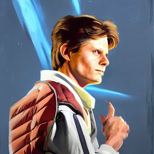 Image similar to greg manchess portrait painting of marty mcfly from back to the future as overwatch character, medium shot, asymmetrical, profile picture, organic painting, sunny day, matte painting, bold shapes, hard edges, street art, trending on artstation, by huang guangjian, gil elvgren, ruan jia, randy vargas, greg rutkowski